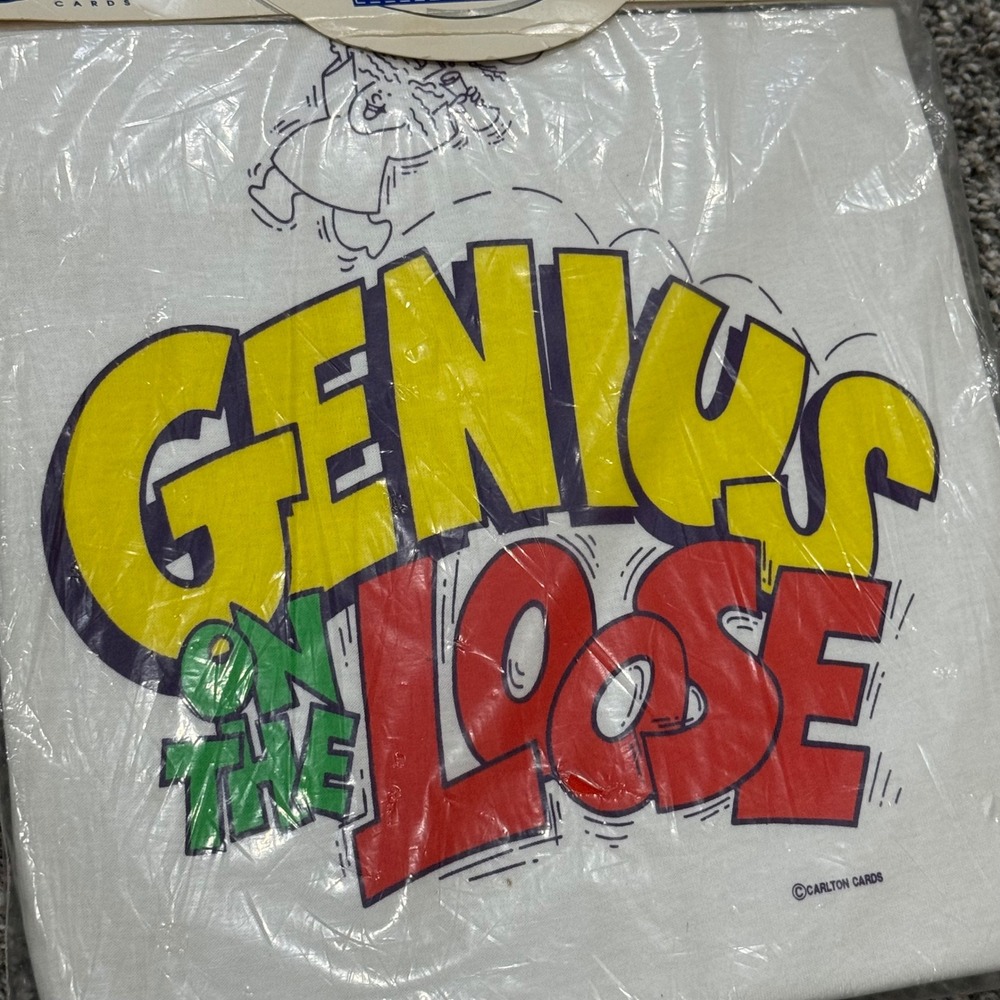 NOS Vintage 80s Carlton Cards "Genius On The Loose" Funny T-Shirt Mens XL NEW - Picture 2 of 4